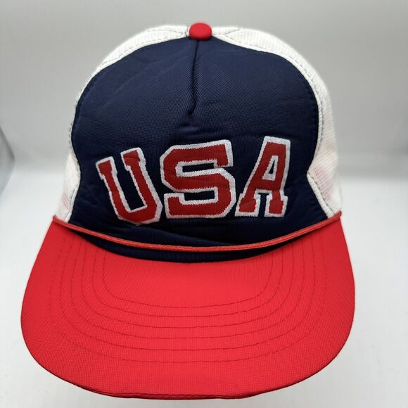 VTG USA Logo Script Trucker Hat Snapback Cap Mesh Olympics Two Tone America Foam - Picture 1 of 9
